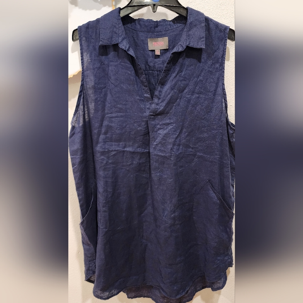 Navy Linen Sleeveless V-Neck Top